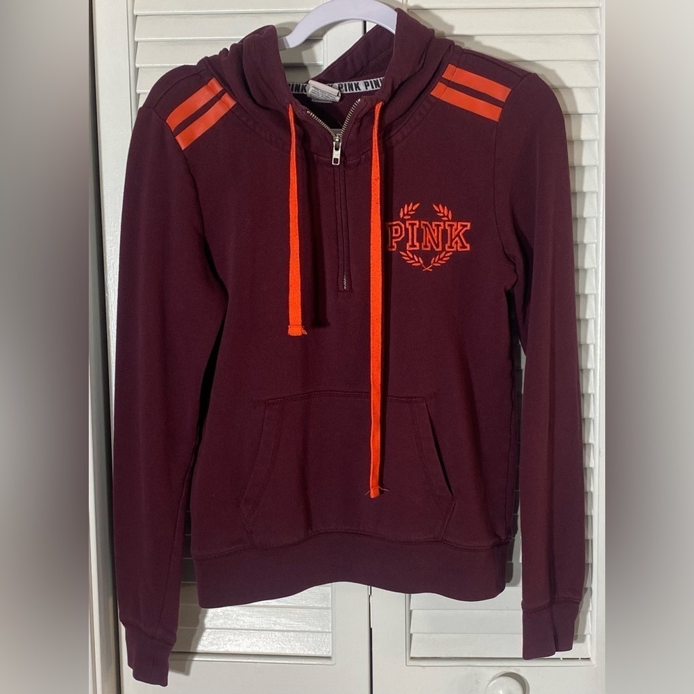 Victoria’s Secret PINK Burgundy 1/4 Zip Hoodie, Size S, Drawstring, PINK Logo
